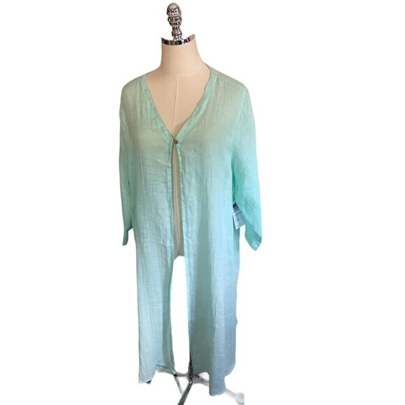 Color Me Cotton CMC Duster Women's Size Medium Seafoam Green Linen 3/4 Sleeve - Picture 2 of 8